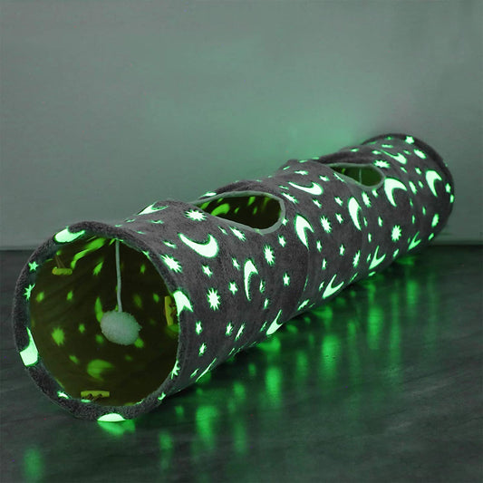Exciting Cat Tunnel with Plush Ball Toys - Collapsible, Self-Luminous, Perfect for Small Pets like Kittens, Bunnies, and Puppies in Stylish Grey with Moon and Star Design
