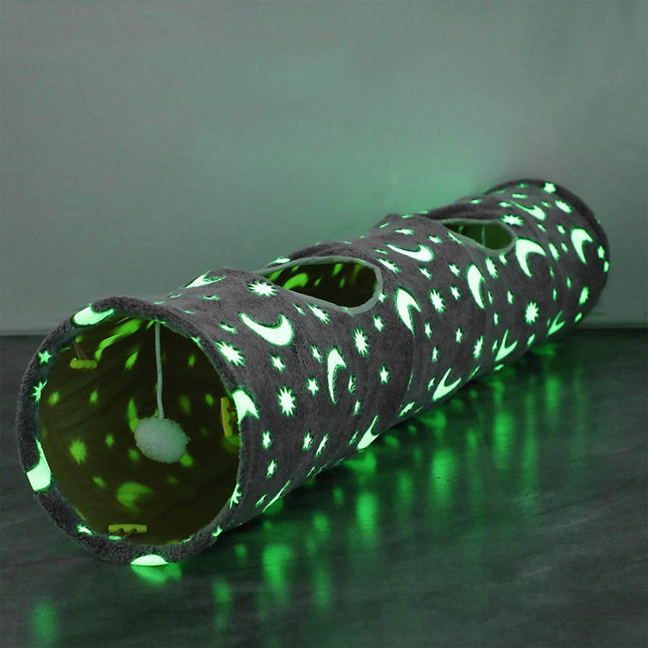 Exciting Cat Tunnel with Plush Ball Toys - Collapsible, Self-Luminous, Perfect for Small Pets like Kittens, Bunnies, and Puppies in Stylish Grey with Moon and Star Design