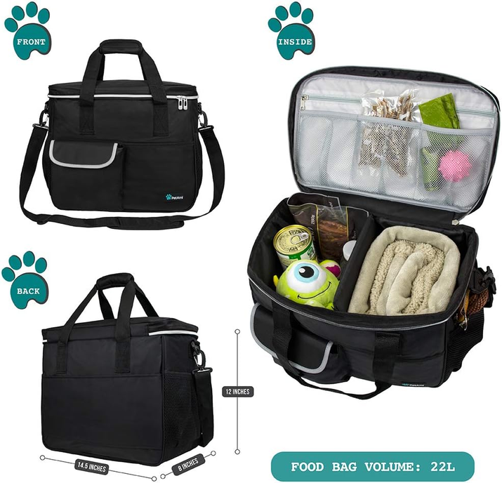 Ultimate Travel Bag Organizer for Dogs and Cats - Complete Diaper Bag with Food Container, Bowls & Accessories for Adventurous Weekend Getaways