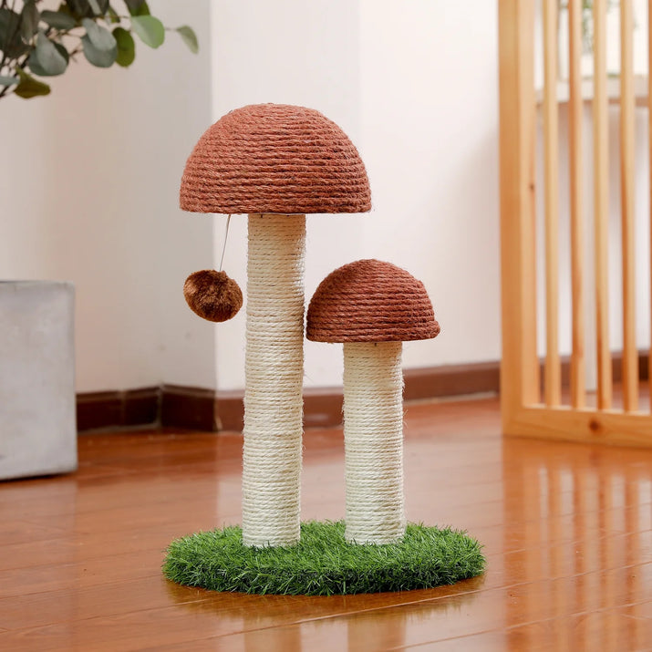 Adorable 2 Mushrooms Cat Scratching Post - 19" Sisal Claw Scratcher for Kittens and Small Cats in Cozy Brown