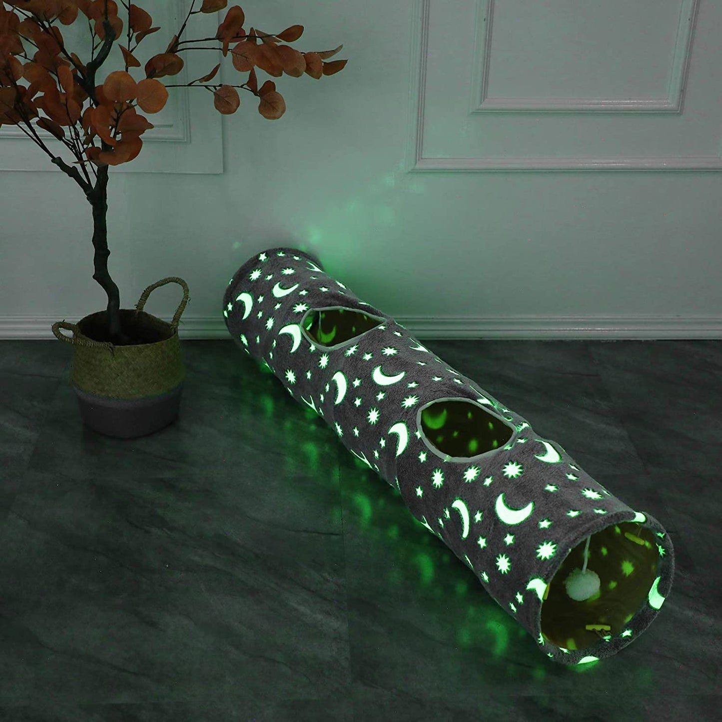 Exciting Cat Tunnel with Plush Ball Toys - Collapsible, Self-Luminous, Perfect for Small Pets like Kittens, Bunnies, and Puppies in Stylish Grey with Moon and Star Design