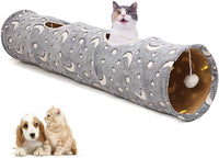 Exciting Cat Tunnel with Plush Ball Toys - Collapsible, Self-Luminous, Perfect for Small Pets like Kittens, Bunnies, and Puppies in Stylish Grey with Moon and Star Design
