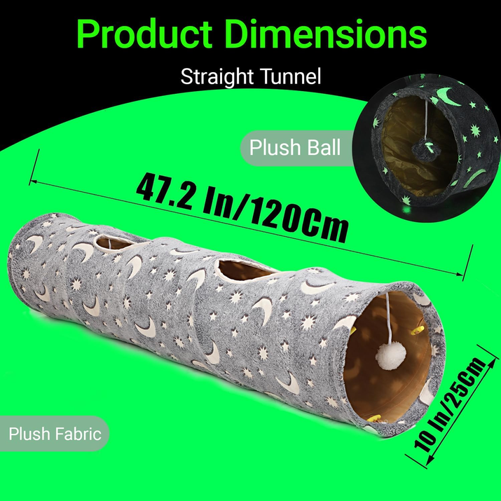 Exciting Cat Tunnel with Plush Ball Toys - Collapsible, Self-Luminous, Perfect for Small Pets like Kittens, Bunnies, and Puppies in Stylish Grey with Moon and Star Design