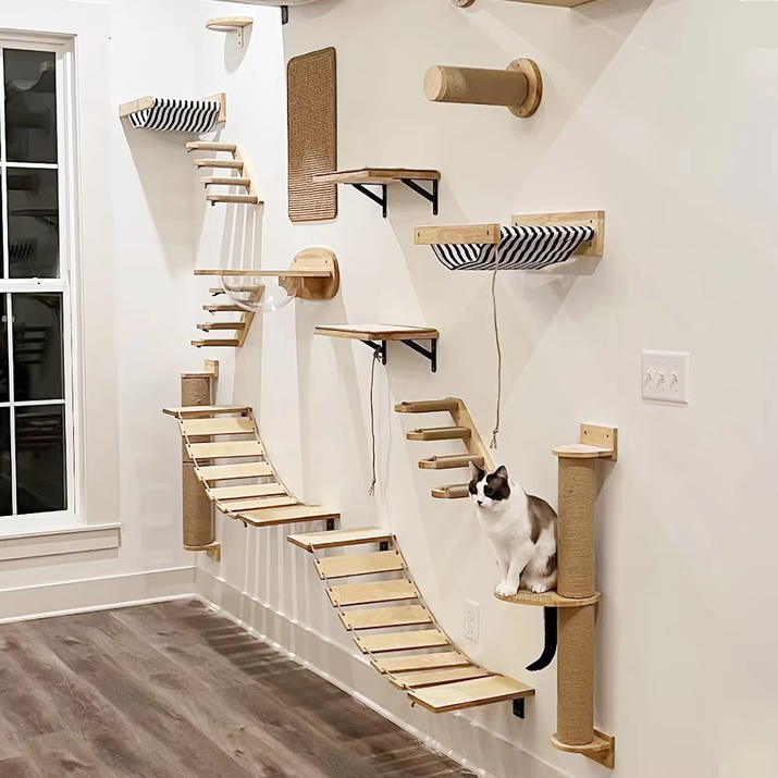 Elevate Your Cat's Playtime with Our Stylish Wall Climbing Shelf - Multi-Functional Cat Tree with Scratching Post, Bed, and Hiding House