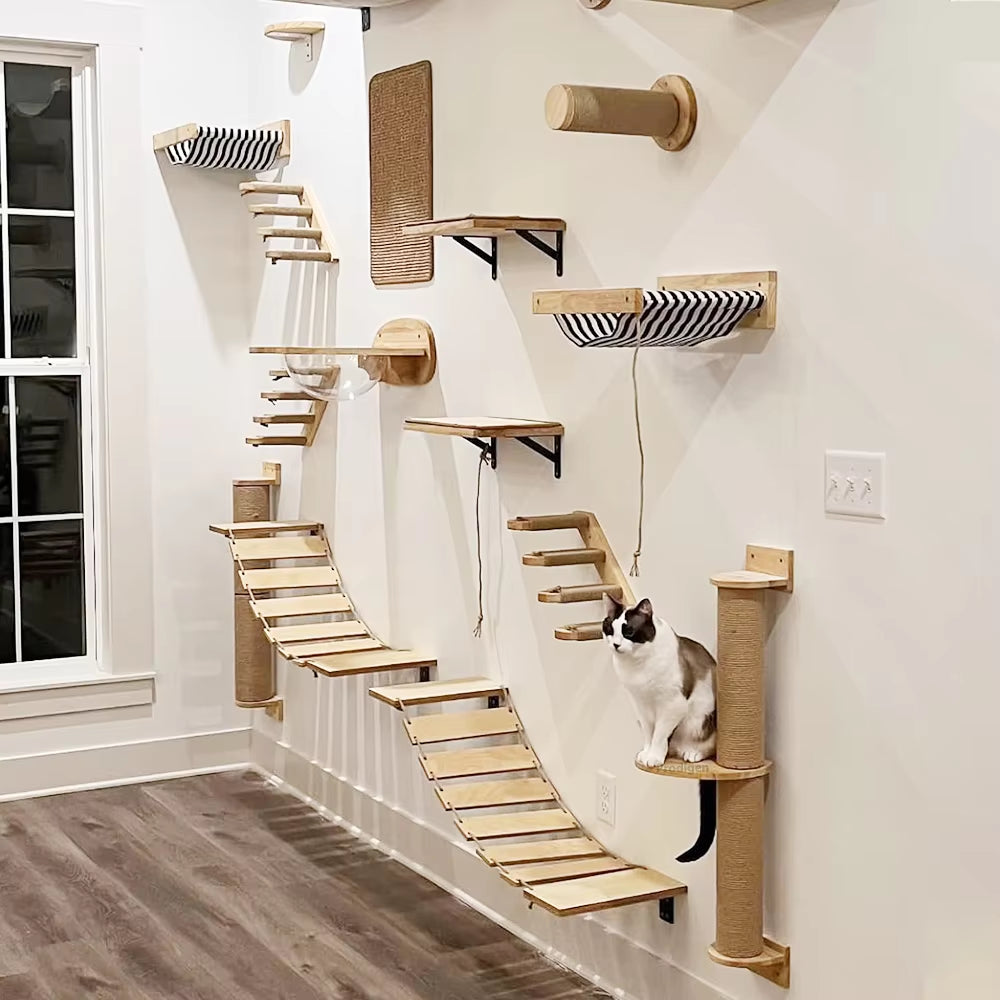 Elevate Your Cat's Playtime with Our Stylish Wall Climbing Shelf - Multi-Functional Cat Tree with Scratching Post, Bed, and Hiding House
