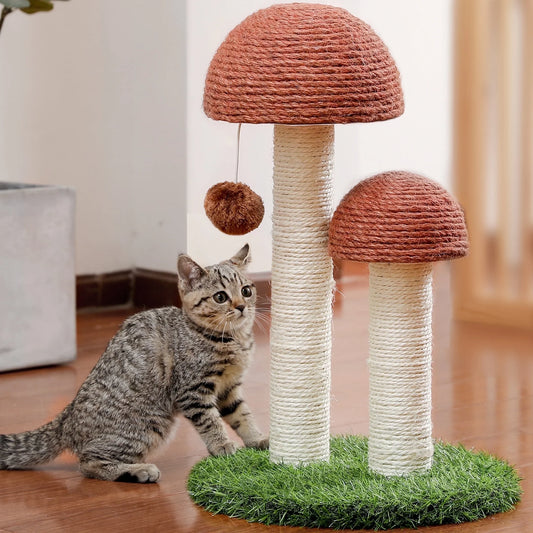 Adorable 2 Mushrooms Cat Scratching Post - 19" Sisal Claw Scratcher for Kittens and Small Cats in Cozy Brown