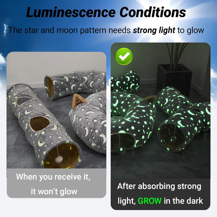 Exciting Cat Tunnel with Plush Ball Toys - Collapsible, Self-Luminous, Perfect for Small Pets like Kittens, Bunnies, and Puppies in Stylish Grey with Moon and Star Design