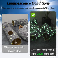 Exciting Cat Tunnel with Plush Ball Toys - Collapsible, Self-Luminous, Perfect for Small Pets like Kittens, Bunnies, and Puppies in Stylish Grey with Moon and Star Design