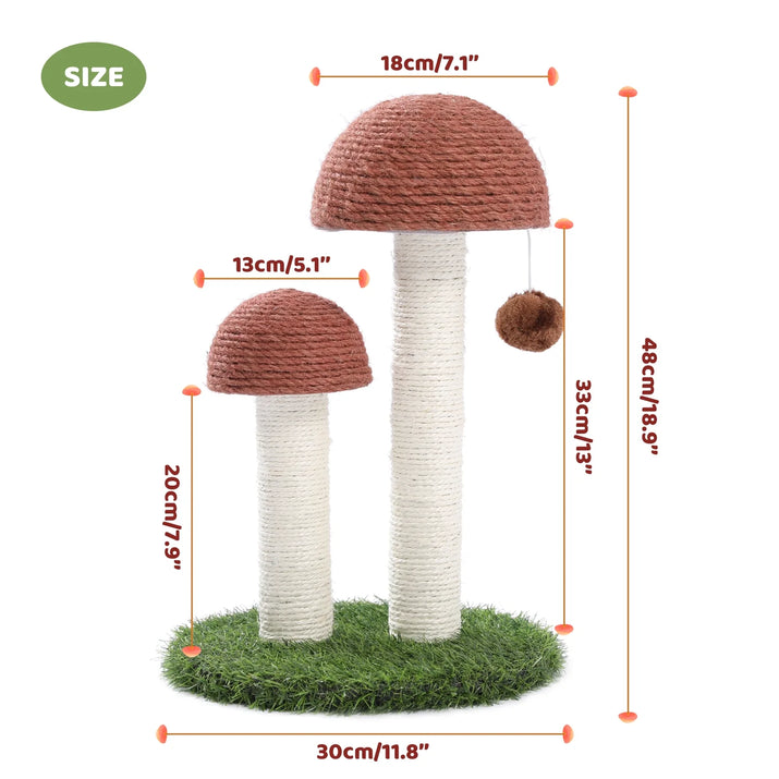 Adorable 2 Mushrooms Cat Scratching Post - 19" Sisal Claw Scratcher for Kittens and Small Cats in Cozy Brown