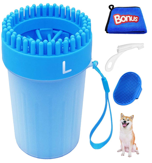 Ultimate 4-Piece Portable Dog Paw Washer Cleaner Set - 2-in-1 Silicone Cleaning Brush, Feet Cleaner Cup, Premium Towel, Finger Toothbrush & Pet Grooming Bath Brush for Dogs & Cats (Large)