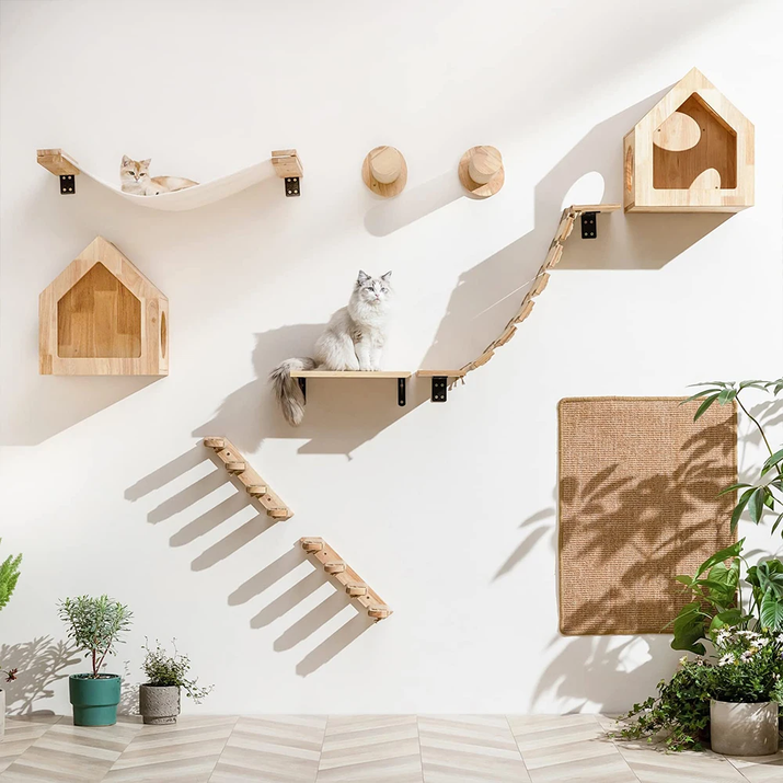 Elevate Your Cat's Playtime with Our Stylish Wall Climbing Shelf - Multi-Functional Cat Tree with Scratching Post, Bed, and Hiding House
