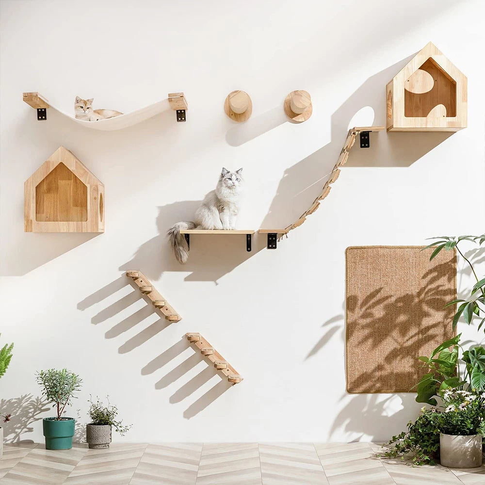Elevate Your Cat's Playtime with Our Stylish Wall Climbing Shelf - Multi-Functional Cat Tree with Scratching Post, Bed, and Hiding House