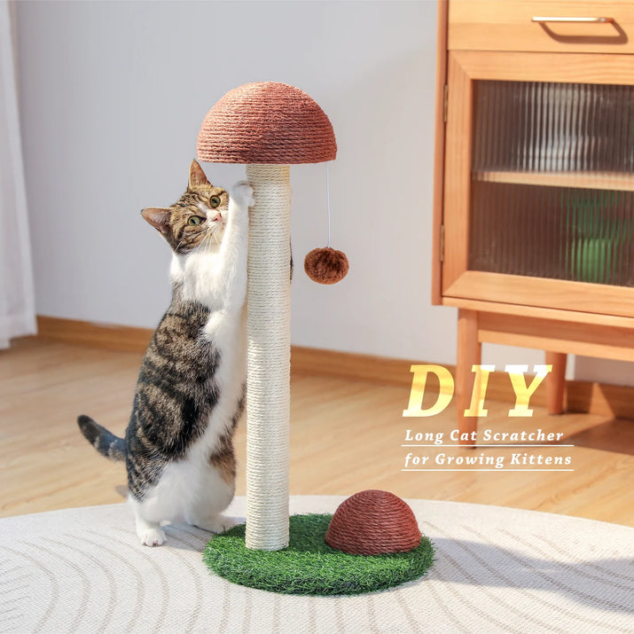 Adorable 2 Mushrooms Cat Scratching Post - 19" Sisal Claw Scratcher for Kittens and Small Cats in Cozy Brown