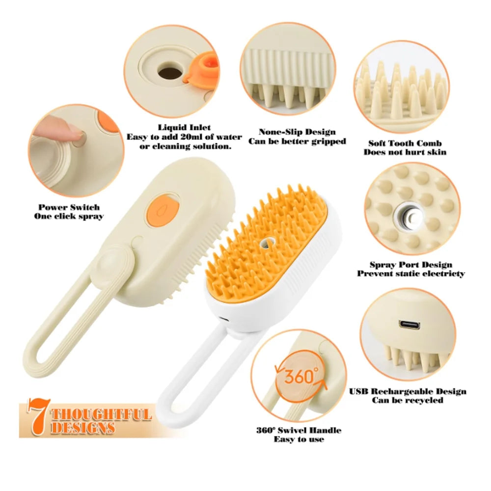 Revolutionary 3-in-1 Self-Cleaning Cat Steamer Brush - Ultimate Grooming Solution for Cats and Dogs with Massage and Shedding Features
