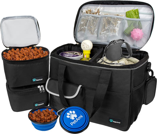 Ultimate Travel Bag Organizer for Dogs and Cats - Complete Diaper Bag with Food Container, Bowls & Accessories for Adventurous Weekend Getaways