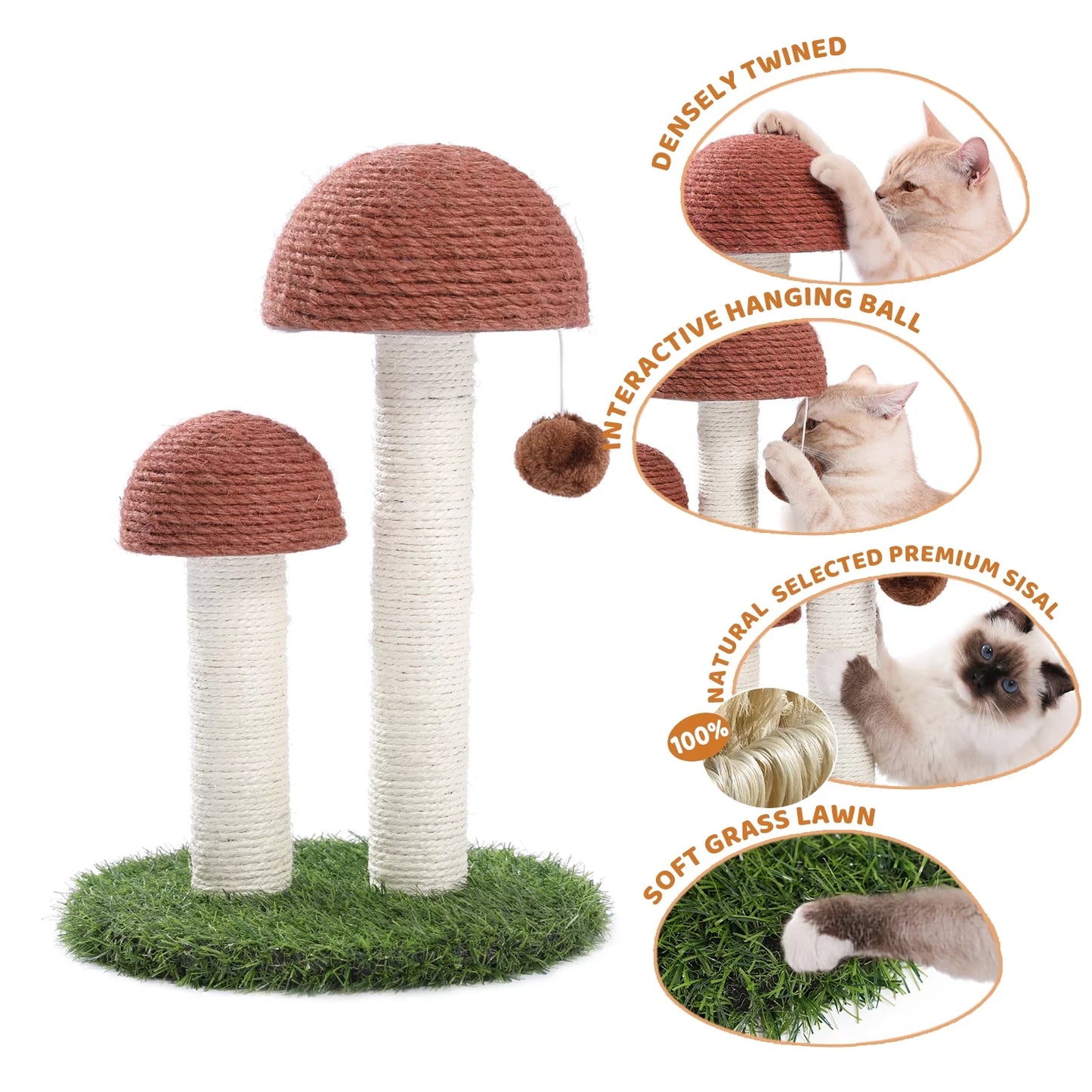 Adorable 2 Mushrooms Cat Scratching Post - 19" Sisal Claw Scratcher for Kittens and Small Cats in Cozy Brown
