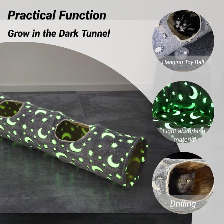 Exciting Cat Tunnel with Plush Ball Toys - Collapsible, Self-Luminous, Perfect for Small Pets like Kittens, Bunnies, and Puppies in Stylish Grey with Moon and Star Design
