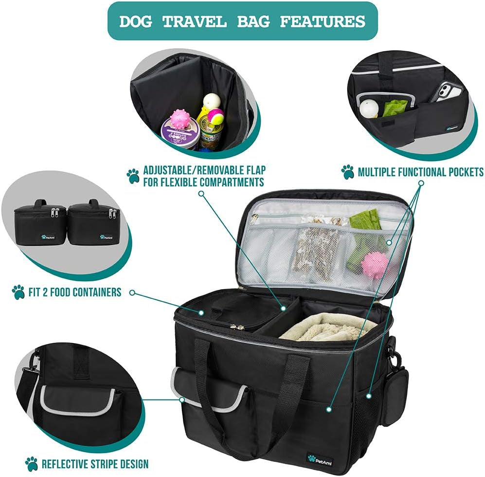 Ultimate Travel Bag Organizer for Dogs and Cats - Complete Diaper Bag with Food Container, Bowls & Accessories for Adventurous Weekend Getaways