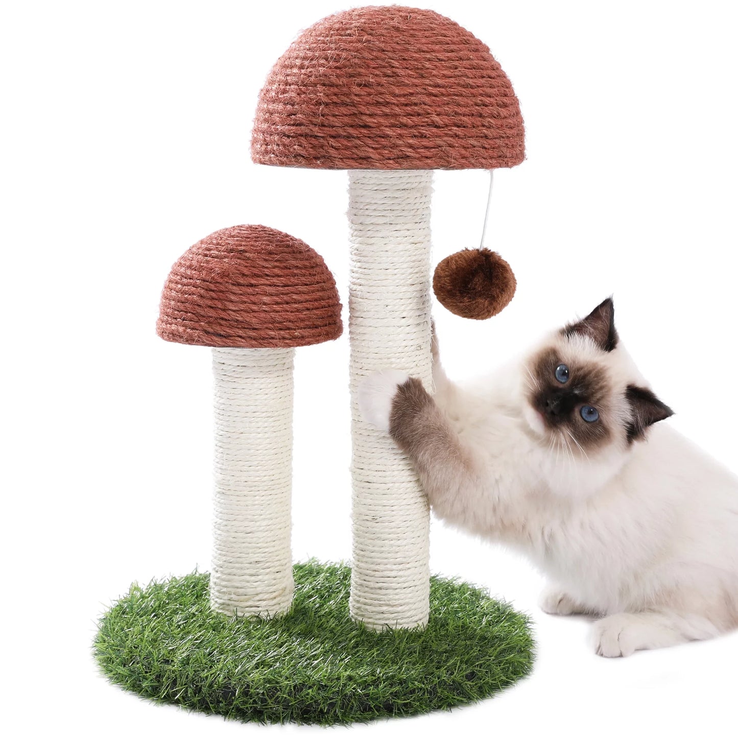 Adorable 2 Mushrooms Cat Scratching Post - 19" Sisal Claw Scratcher for Kittens and Small Cats in Cozy Brown